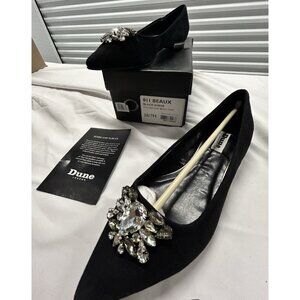 Dune London Beauxpointed Flat Jewel Trim Flats Black Suede  Rhinestones 38 Sz 7
